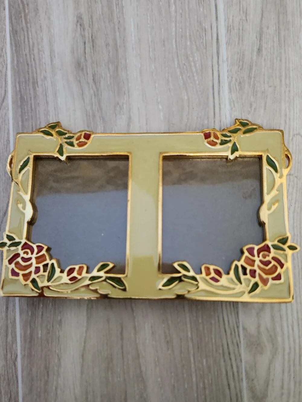 Vintage Tamerlane 24K Gold Finish Floral Enamel Double Picture Frame Boxed